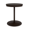 A 24-inch round commercial outdoor dining-height table featuring a Coffee Bean powder-coated aluminum pedestal frame and a circular weighted base, topped with a rich Northeastern Walnut wood-grain Marine Grade Polymer (MGP) slatted surface and a central umbrella hole.