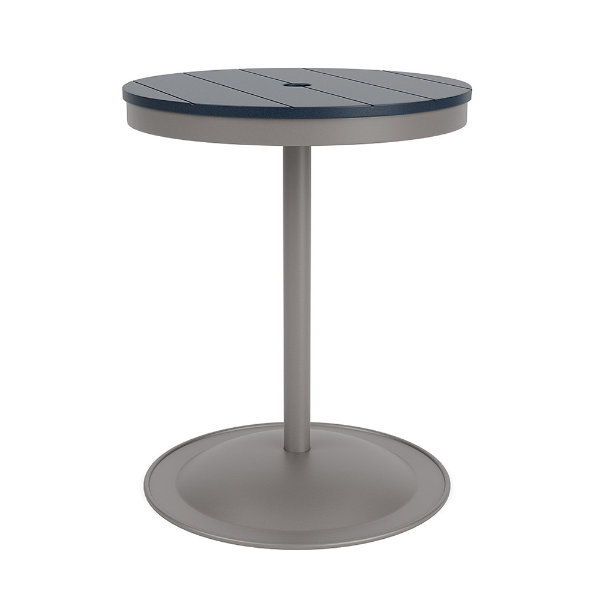 A 24-inch round commercial patio dining table built with a Platinum metallic powder-coated aluminum pedestal base and a circular weighted stand, featuring a navy blue Marine Grade Polymer (MGP) slatted surface with an umbrella hole.