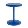 A 24-inch round commercial outdoor dining table featuring a Marina bright blue powder-coated aluminum pedestal post and round weighted footing, paired with a Royal Blue Marine Grade Polymer (MGP) slatted tabletop and a center umbrella opening.