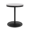 A 24-inch round commercial outdoor dining table featuring a Starlight Black powder-coated aluminum pedestal frame and a weighted circular base, topped with a bright white Marine Grade Polymer (MGP) slatted tabletop and a central umbrella hole.