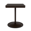A 24-inch square commercial outdoor dining-height table featuring a Coffee Bean powder-coated aluminum pedestal frame, a circular weighted base, and a rich Northeastern Walnut wood-grain Marine Grade Polymer (MGP) slatted tabletop with a central umbrella hole.
