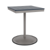 A 24-inch square commercial patio dining table built with a Platinum metallic powder-coated aluminum pedestal base and a circular weighted stand, featuring a navy blue Marine Grade Polymer (MGP) slatted surface with an umbrella hole.