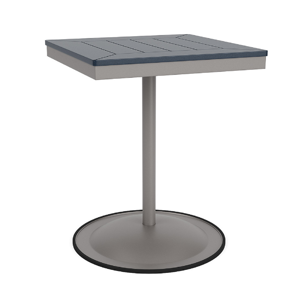 A 24-inch square commercial patio dining table built with a Platinum metallic powder-coated aluminum pedestal base and a circular weighted stand, featuring a navy blue Marine Grade Polymer (MGP) slatted surface with an umbrella hole.