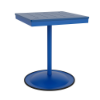 A 24-inch square commercial outdoor dining table featuring a Marina bright blue powder-coated aluminum pedestal post and round weighted footing, paired with a Royal Blue Marine Grade Polymer (MGP) slatted top and a center umbrella opening.