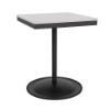 A 24-inch square commercial outdoor dining table featuring a Starlight Black powder-coated aluminum pedestal frame and a weighted circular base, topped with a bright white Marine Grade Polymer (MGP) slatted tabletop and a central umbrella hole.