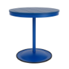 A 30-inch round commercial outdoor dining table featuring a Marina bright blue powder-coated aluminum pedestal post and round weighted footing, paired with a Royal Blue Marine Grade Polymer (MGP) slatted tabletop.