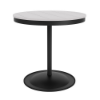 A 30-inch round commercial outdoor dining table featuring a Starlight Black powder-coated aluminum pedestal frame and a weighted circular base, topped with a bright white Marine Grade Polymer (MGP) slatted tabletop.