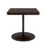 A 30-inch square commercial outdoor dining table featuring a Coffee Bean powder-coated aluminum pedestal frame and weighted circular base, topped with a rich Northeastern Walnut wood-grain Marine Grade Polymer (MGP) slatted surface and a central umbrella hole.