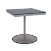 A 30-inch square commercial patio dining table built with a Platinum metallic powder-coated aluminum pedestal base and a circular weighted stand, featuring a navy blue Marine Grade Polymer (MGP) slatted surface with an umbrella hole.