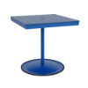 A 30-inch square commercial outdoor dining table featuring a Marina bright blue powder-coated aluminum pedestal post and round weighted footing, paired with a Royal Blue Marine Grade Polymer (MGP) slatted tabletop and a center umbrella opening.