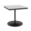 A 30-inch square commercial outdoor dining table featuring a Starlight Black powder-coated aluminum pedestal frame and a weighted circular base, topped with a bright white Marine Grade Polymer (MGP) slatted tabletop and a central umbrella hole.