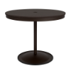 A 36-inch round commercial outdoor dining-height table featuring a Coffee Bean powder-coated aluminum pedestal frame and weighted circular base, topped with a rich Northeastern Walnut wood-grain Marine Grade Polymer (MGP) slatted surface and a central umbrella hole.