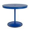 A 36-inch round commercial outdoor dining table featuring a Marina bright blue powder-coated aluminum pedestal post and round weighted footing, paired with a Royal Blue Marine Grade Polymer (MGP) slatted tabletop and a center umbrella opening.