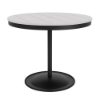 A 36-inch round commercial outdoor dining table featuring a Starlight Black powder-coated aluminum pedestal frame and a weighted circular base, topped with a bright white Marine Grade Polymer (MGP) slatted tabletop and a central umbrella hole.