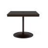 A 36-inch square commercial outdoor dining table featuring a Coffee Bean powder-coated aluminum pedestal frame and weighted circular base, topped with a rich Northeastern Walnut wood-grain Marine Grade Polymer (MGP) slatted tabletop and a central umbrella hole.