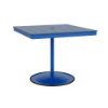 A 36-inch square commercial outdoor dining table featuring a Marina bright blue powder-coated aluminum pedestal post and round weighted footing, paired with a Royal Blue Marine Grade Polymer (MGP) slatted tabletop and a center umbrella opening.