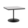 A 36-inch square commercial outdoor dining table featuring a Starlight Black powder-coated aluminum pedestal frame and a weighted circular base, topped with a bright white Marine Grade Polymer (MGP) slatted tabletop and a central umbrella hole.
