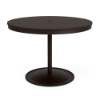 A 42-inch round commercial outdoor dining table featuring a Coffee Bean powder-coated aluminum pedestal frame and weighted circular base, topped with a rich Northeastern Walnut wood-grain Marine Grade Polymer (MGP) slatted surface and a central umbrella hole