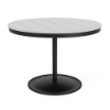 A 42-inch round commercial outdoor dining table featuring a Starlight Black powder-coated aluminum pedestal frame and a weighted circular base, topped with a bright white Marine Grade Polymer (MGP) slatted tabletop and a central umbrella hole.