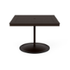 A 42-inch square commercial outdoor dining table featuring a Coffee Bean powder-coated aluminum pedestal frame and weighted circular base, topped with a rich Northeastern Walnut wood-grain Marine Grade Polymer (MGP) slatted tabletop and a central umbrella hole.