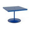 A 42-inch square commercial outdoor dining table featuring a Marina bright blue powder-coated aluminum pedestal post and round weighted footing, paired with a Royal Blue Marine Grade Polymer (MGP) slatted tabletop and a center umbrella opening.