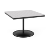 A 42-inch square commercial outdoor dining table featuring a Starlight Black powder-coated aluminum pedestal frame and a weighted circular base, topped with a bright white Marine Grade Polymer (MGP) slatted tabletop and a central umbrella hole.