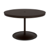 A 48-inch round commercial outdoor dining table featuring a Coffee Bean powder-coated aluminum pedestal frame and weighted circular base, topped with a rich Northeastern Walnut wood-grain Marine Grade Polymer (MGP) slatted tabletop and a central umbrella hole.