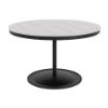 A 48-inch round commercial outdoor dining table featuring a Starlight Black powder-coated aluminum pedestal frame and a weighted circular base, topped with a bright white Marine Grade Polymer (MGP) slatted tabletop and a central umbrella hole.