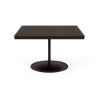 A 48-inch square commercial outdoor dining table featuring a Coffee Bean powder-coated aluminum pedestal frame and weighted circular base, topped with a rich Northeastern Walnut wood-grain Marine Grade Polymer (MGP) slatted tabletop and a central umbrella hole.