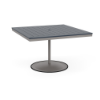 A 48-inch square commercial patio dining table built with a Platinum metallic powder-coated aluminum pedestal base and a circular weighted stand, featuring a navy blue Marine Grade Polymer (MGP) slatted surface with an umbrella hole.