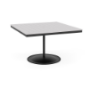 A 48-inch square commercial outdoor dining table featuring a Starlight Black powder-coated aluminum pedestal frame and a weighted circular base, topped with a bright white Marine Grade Polymer (MGP) slatted tabletop and a central umbrella hole.