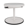 A 20-inch round commercial outdoor side table built with a Sky White powder-coated aluminum frame, pedestal post, and weighted round footing, featuring an integrated solar panel tabletop.