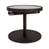 A 20-inch round commercial outdoor side table featuring a Coffee Bean powder-coated aluminum pedestal frame and a weighted circular base, equipped with an integrated solar panel tabletop for charging devices