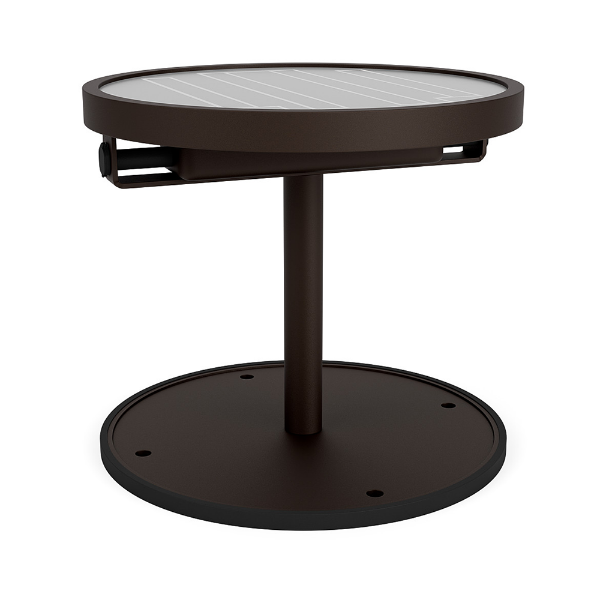 A 20-inch round commercial outdoor side table featuring a Coffee Bean powder-coated aluminum pedestal frame and a weighted circular base, equipped with an integrated solar panel tabletop for charging devices