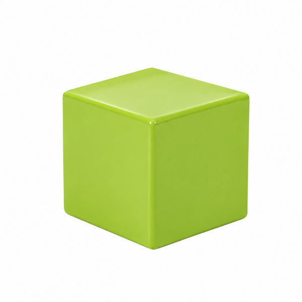 A 14-inch compact commercial outdoor side table featuring a smooth, glossy lime green fiberglass cube design.