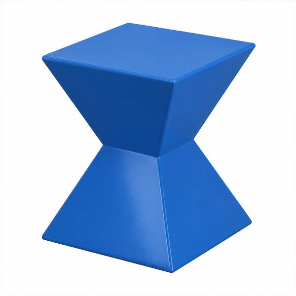 A 14-inch compact commercial outdoor side table featuring a smooth, glossy blue hourglass or double-pyramid diamond shape molded from fiberglass.