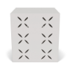A 16-inch square commercial outdoor side table in a sky white finish featuring a laser-cut flower or petal geometric pattern on the side panel.