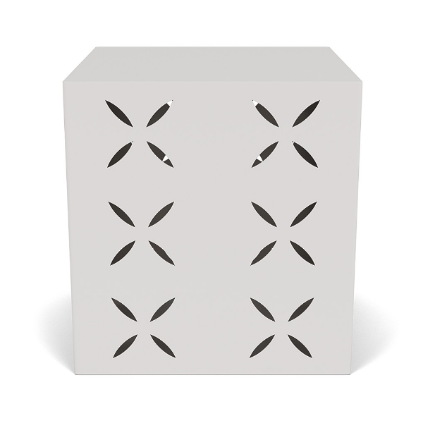 A 16-inch square commercial outdoor side table in a sky white finish featuring a laser-cut flower or petal geometric pattern on the side panel.