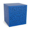 A 16-inch commercial outdoor side table shaped like a solid cube in Marina blue, featuring an asymmetrical bubble dot pattern cut out across its metal sides.