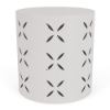 An 18-inch cylindrical commercial outdoor side table in a sky white finish featuring a laser-cut flower or petal geometric pattern around the side.
