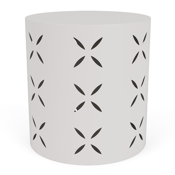 An 18-inch cylindrical commercial outdoor side table in a sky white finish featuring a laser-cut flower or petal geometric pattern around the side.