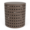 An 18-inch cylindrical commercial outdoor side table in a textured espresso finish featuring a grid of small square cut-outs aligned around the body.