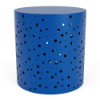 An 18-inch cylindrical commercial outdoor side table in a vibrant marina blue finish featuring a random scattered bubble or dot cut-out pattern across its curved surface.