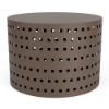 A 24-inch cylindrical commercial outdoor side table in a textured espresso finish featuring a grid of small square cut-outs aligned horizontally around the body.