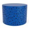 A 24-inch cylindrical commercial outdoor side table in a vibrant marine blue finish featuring a random scattered bubble or dot cut-out pattern across its curved body.