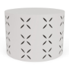 A 24-inch cylindrical commercial outdoor side table in a sky white finish featuring a laser-cut flower or petal geometric pattern around the side.