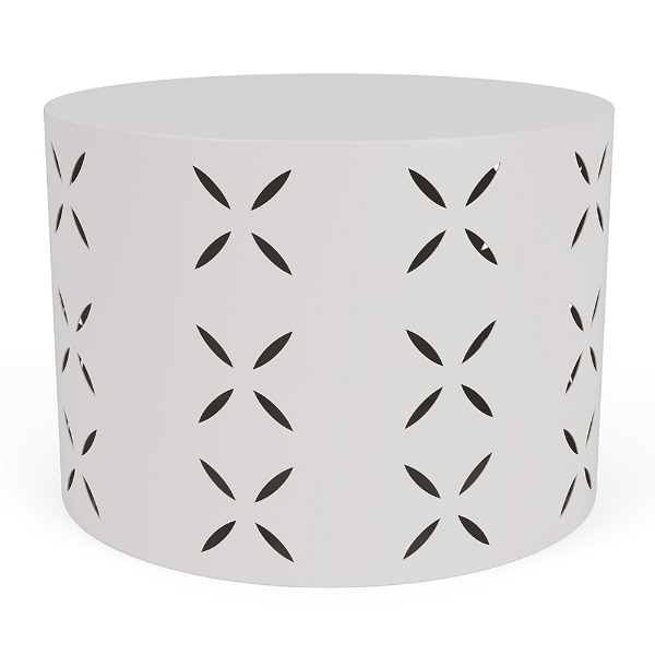 A 24-inch cylindrical commercial outdoor side table in a sky white finish featuring a laser-cut flower or petal geometric pattern around the side.
