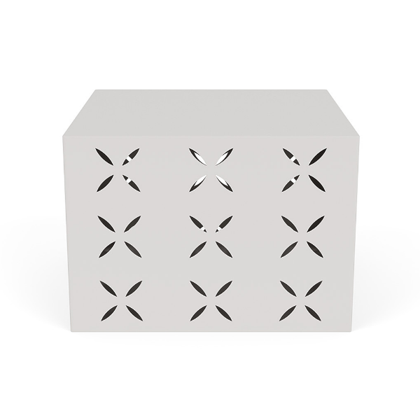 A 24-inch square commercial outdoor side table in a sky white finish featuring a laser-cut flower or petal geometric pattern on the side panels.
