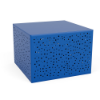 A 24-inch square commercial outdoor side table in a vibrant marine blue finish featuring a random scattered bubble or dot cut-out pattern across its surfaces.