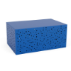 A rectangular commercial outdoor coffee table in Marina blue with an asymmetrical bubble dot pattern cut across its sides.